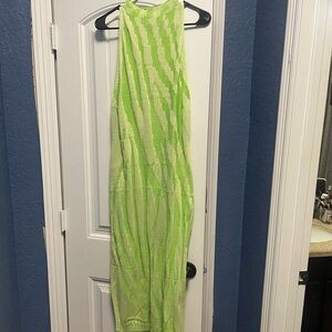 Green and Cream Sleeveless Dress